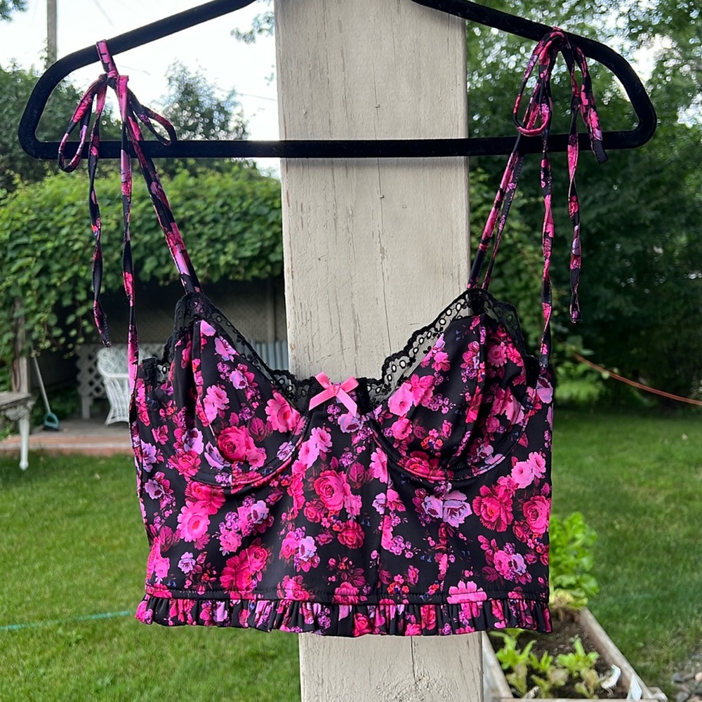 For Love & Lemons Black and Pink Floral Farrah Bustier Top - S
